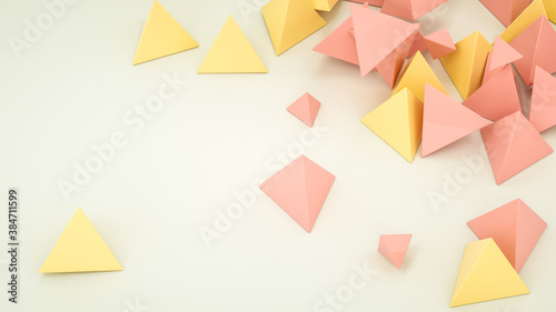 beige and orange pyramids are scattered on a white background. abstract background. 3d render illustration