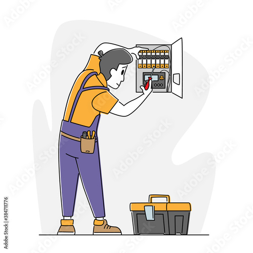 Fire, Energy and Electrical Safety Signaling System. Foreman Electrician in Robe Install or Examine Working Draft
