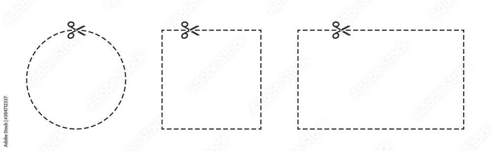 Cutting scissors set. Dotted coupon border. Scissors silhouette in white backgroun. Dashed discount symbol. Dotted circle, square and rectangle. Isolated outline discount. Vector EPS 10. Cutting scissors set. Dotted coupon border. Scissors silhouette in white backgroun. Dashed discount symbol. Dotted circle, square and rectangle. Isolated outline discount. Vector EPS 10.