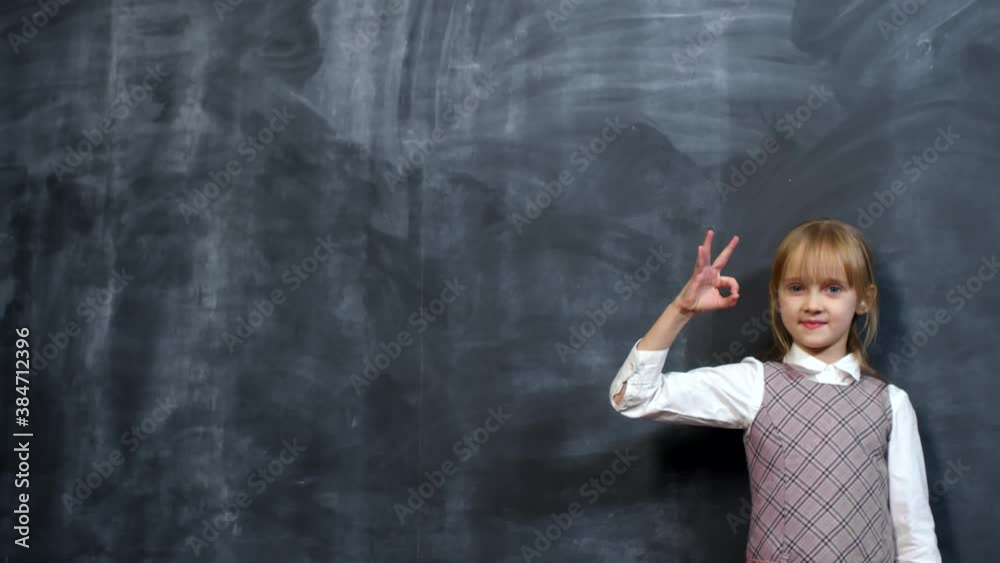 Portrait shot of cute little schoolgirl standing before blackboard and showing OK sign with her hand Portrait shot of cute little schoolgirl standing before blackboard and showing OK sign with her hand