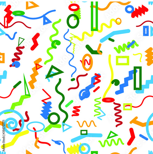 Hipster fashion .Trendy seamless pattern in Memphis style and with different shapes i. Jumble design . Repeating zigzag smooth lines vector background . Cool geometric texture .