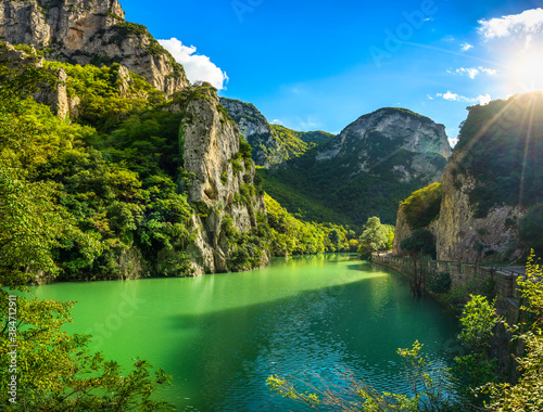 Furlo Pass or Gola del Furlo, road, river and gorge on the ancient Roman road Via Flaminia. Marche Italy.