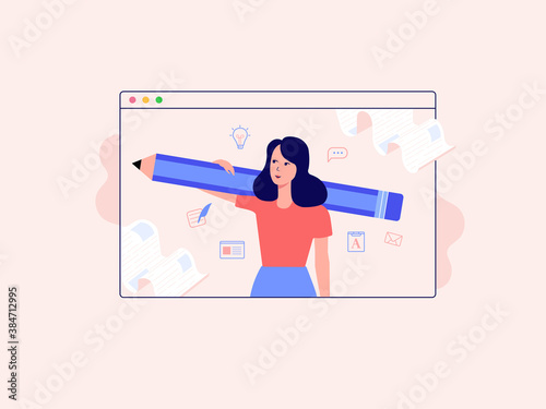 Profession writer concept. Remote work, freelance, writing texts. Flat vector illustration.