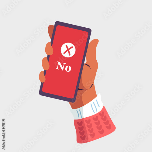 Hand holding a smartphone on isolated background. Notification of acceptance message on mobile phone. Vector illustration. Flat cartoon design for web banners, websites, and infographics.