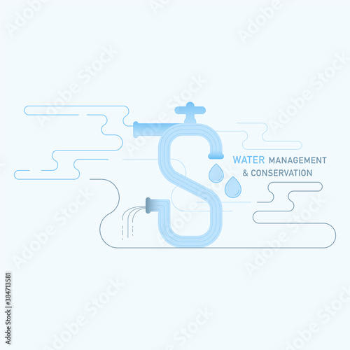 Cycle of tap water and wastewater imply to S shape as a gimmick of save water. Water management and conservation. Vector illustration outline flat design style.