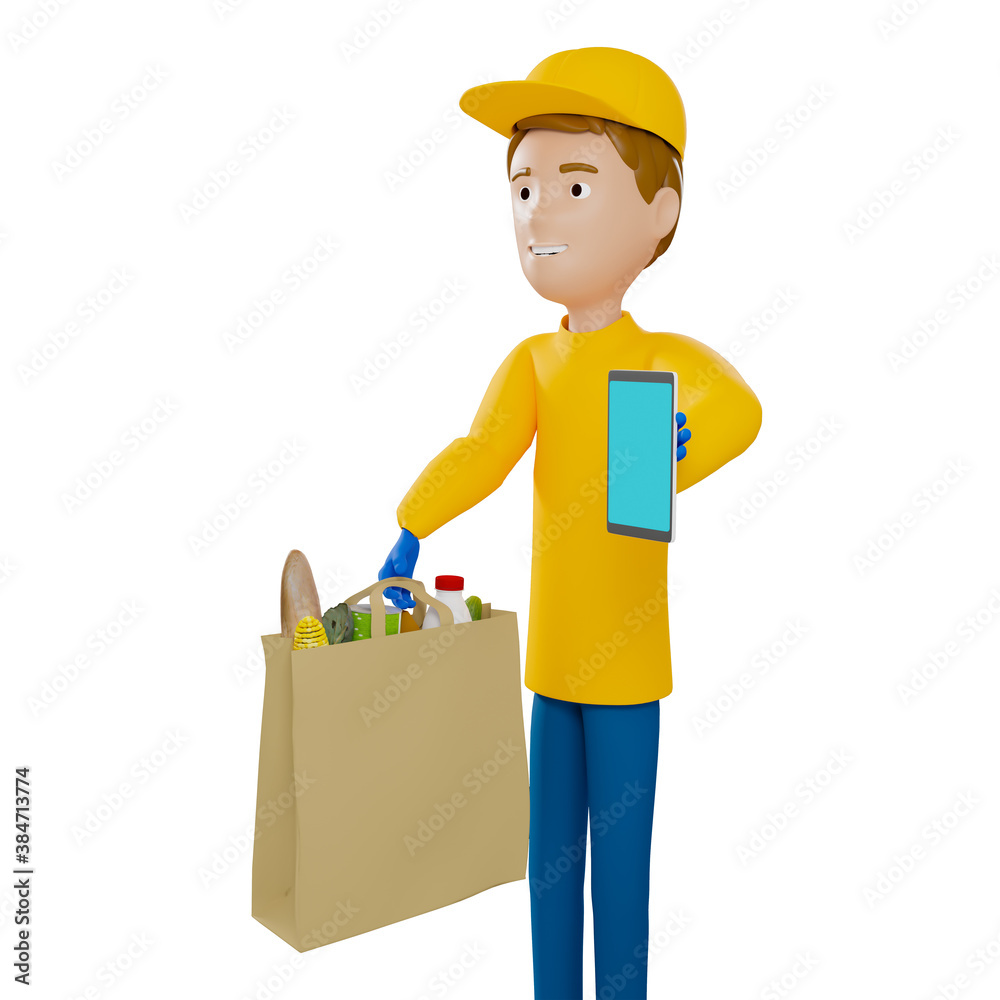 3D rendering. A man in uniform from a delivery service with a box in his hands. 3D rendering. A man in uniform from a delivery service with a box in his hands.