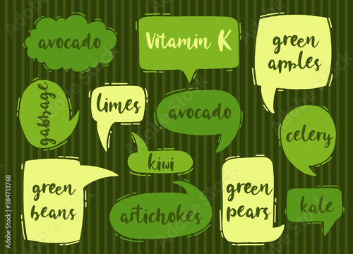 Collection hand drawn Vitamin K healthy foods speech. Design element business message.