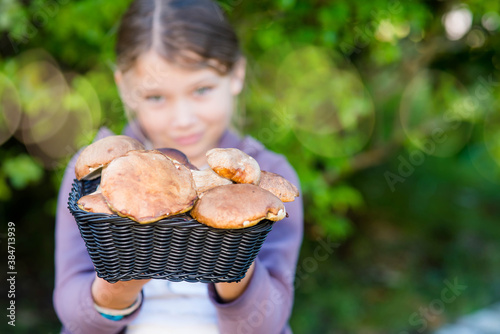 pretty little girl gathering porcini mushrooms in the forest