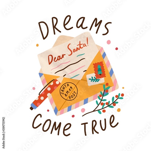 Christmas letter to Santa Claus in envelope. Festive xmas mail. Greeting card...
