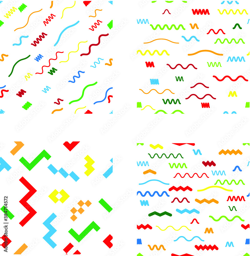Hipster fashion .Trendy seamless pattern in Memphis style and with different shapes i. Jumble design . Repeating zigzag smooth lines vector background . Cool geometric texture .