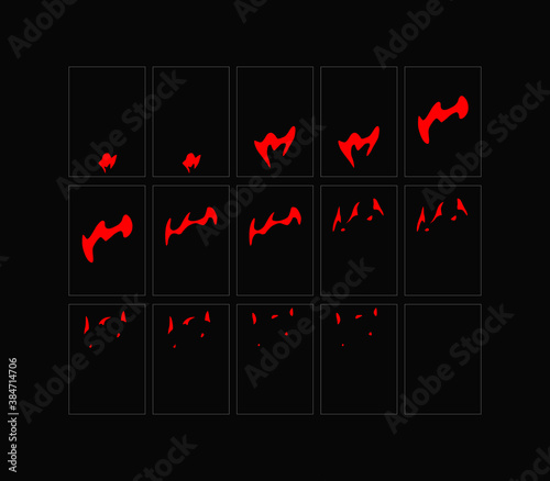 Fire sparks animation. Flame effect sprites sheet for games, video, animation. Colorful cartoon sparks animation. 