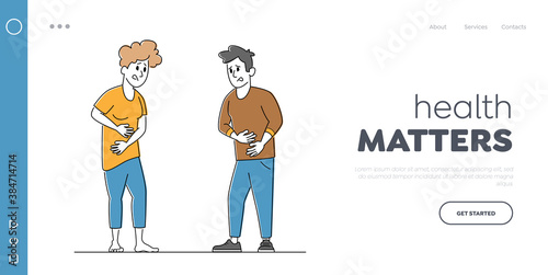 Health Problem, Stomach Disease Symptom Landing Page Template. Couple Characters Feeling Strong Abdominal Pain, Sickness