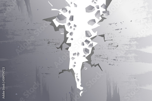 Grunge concrete wall, dirty concrete slab with a break in the middle on a white background. Wall collapse, concrete pieces fall. Concrete ruins, falling stones. 