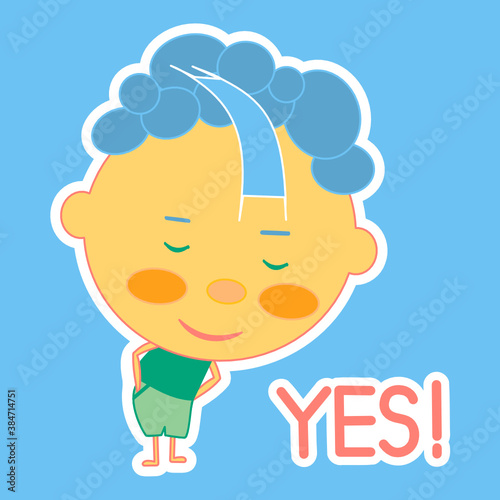 emoticon with smiling guy that is saying yes and nodding, simple colored emoji, vector in color, bay like personage with thick outlines, funny cartoon character