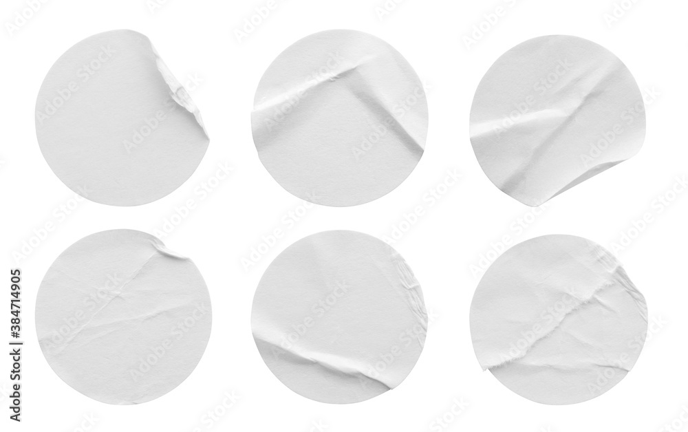 Blank white round paper sticker label set collection isolated on white background with clipping path