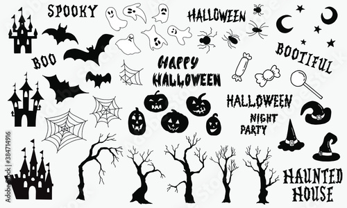 Big Halloween set. Black and white pictures and lettering. White background, isolator.	