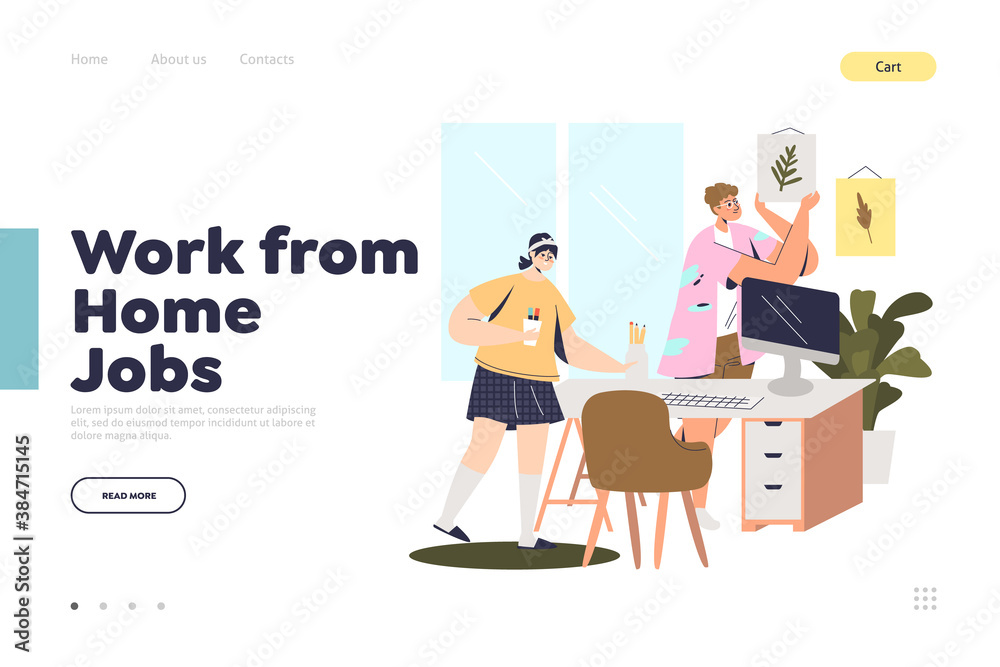 Landing page design with work from home concept and two women preparing workplace in apartment