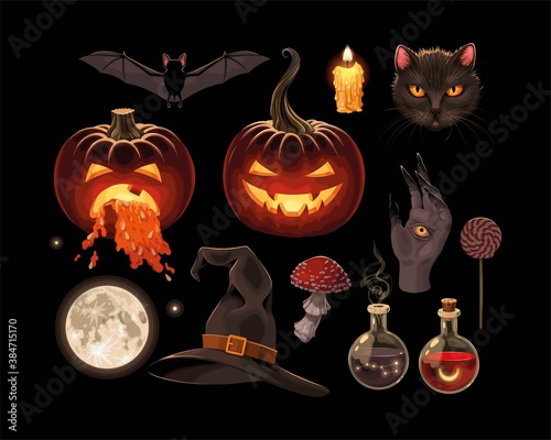 Vector set of pumpkins and magic supplies