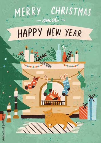 Christmas greeting card with cozy home interior with cat. Hygge room with fireplace decorated for winter holidays celebration. New Year poster or card. Vector illustration in flat cartoon style.