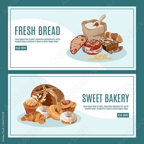 Fresh bread landing page. Bakery production website. Delicious freshly baked products and desserts, bread, whole grain baguette, croissant and donuts flat vector illustration