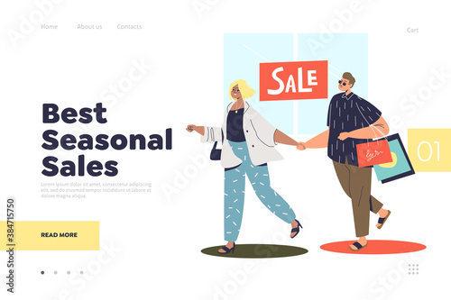 Landing page for best seasonal sales concept with two shoppers holding shopping bags