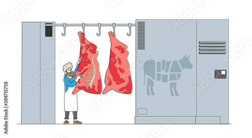 Butcher Male Character Stand at Raw Cow Carcass Hang on Hook at Meat Factory with Automated Equipment for Producing Beef