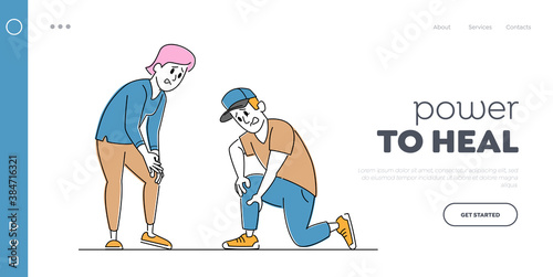 Couple Feeling Strong Pain in Knees Landing Page Template. Characters Touching Legs, Health Problem, Disease Symptoms