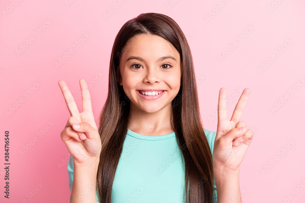 Close-up portrait of her she nice-looking attractive pretty charming cute cheerful cheery long-haired girl showing double v-sign good mood isolated over pink pastel color background Close-up portrait of her she nice-looking attractive pretty charming cute cheerful cheery long-haired girl showing double v-sign good mood isolated over pink pastel color background