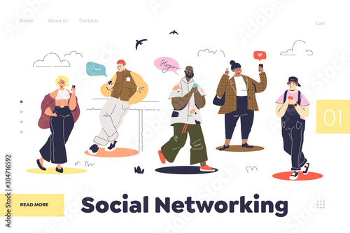 Social networking concept of landing page with people using smartphones for social media
