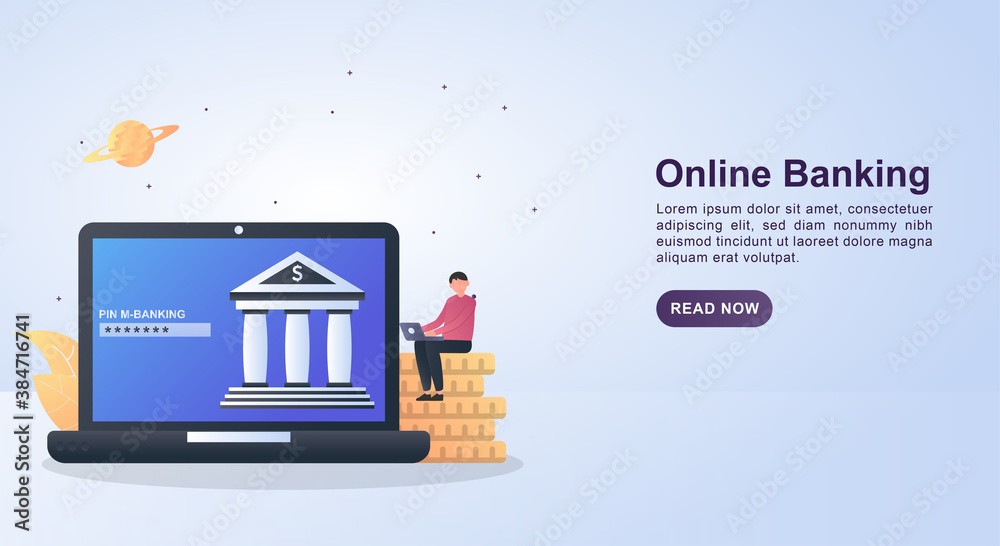 Illustration Concept of online banking with a person sitting on a coin.
