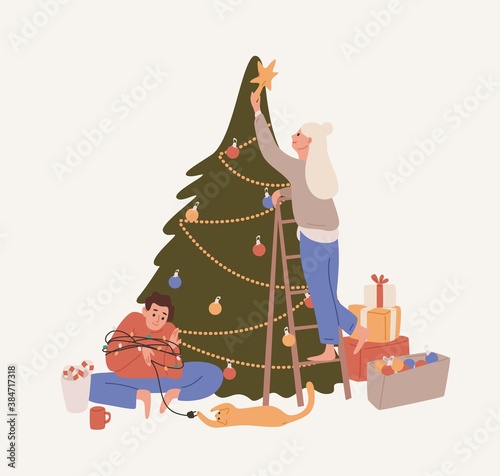 Happy couple decorating Christmas tree vector flat illustration. Woman puttin...