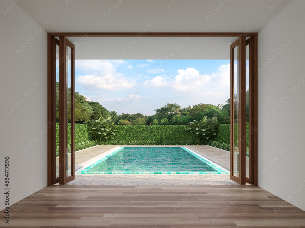 Modern contemporary empty room with swimming pool background 3d render, The room has wood floor white wall and wooden folding door opens to see the pool terrace and nature view. Modern contemporary empty room with swimming pool background 3d render, The room has wood floor white wall and wooden folding door opens to see the pool terrace and nature view.