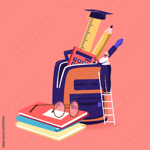 Tiny Female Put Educational Tools in Huge Backpack with Textbooks and Equipment. Studying, Learning, Back to School