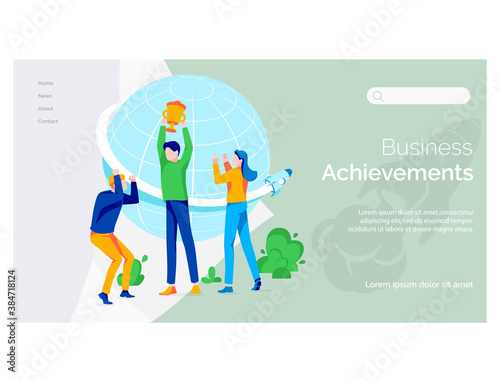 Business achievements landing page template. Successful business people celebrate victory. Business success, achieved goal, teamwork, corporate relations flat vector illustration