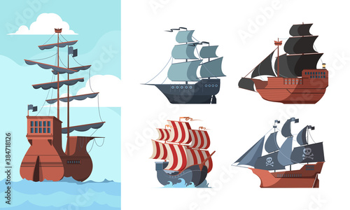 Pirate ship. Marine old transport ocean damaged wooden boat galleons vector pictures. Colection sail ship, galleon and marine boat illustration