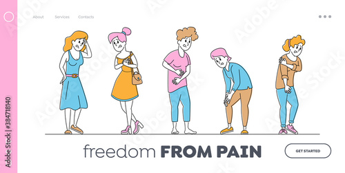 Female Characters Feeling Different Kinds of Pain Landing Page Template. Health Problem with Head, Chest, Stomach, Knee