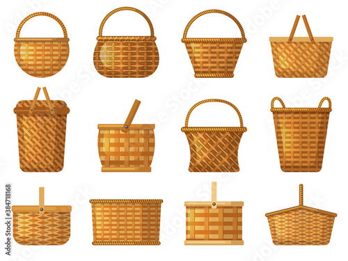 Holiday basket. Product hampers for camping vector handcraft basket cartoon collection. Basket hamper for picnic, summer basketry illustration