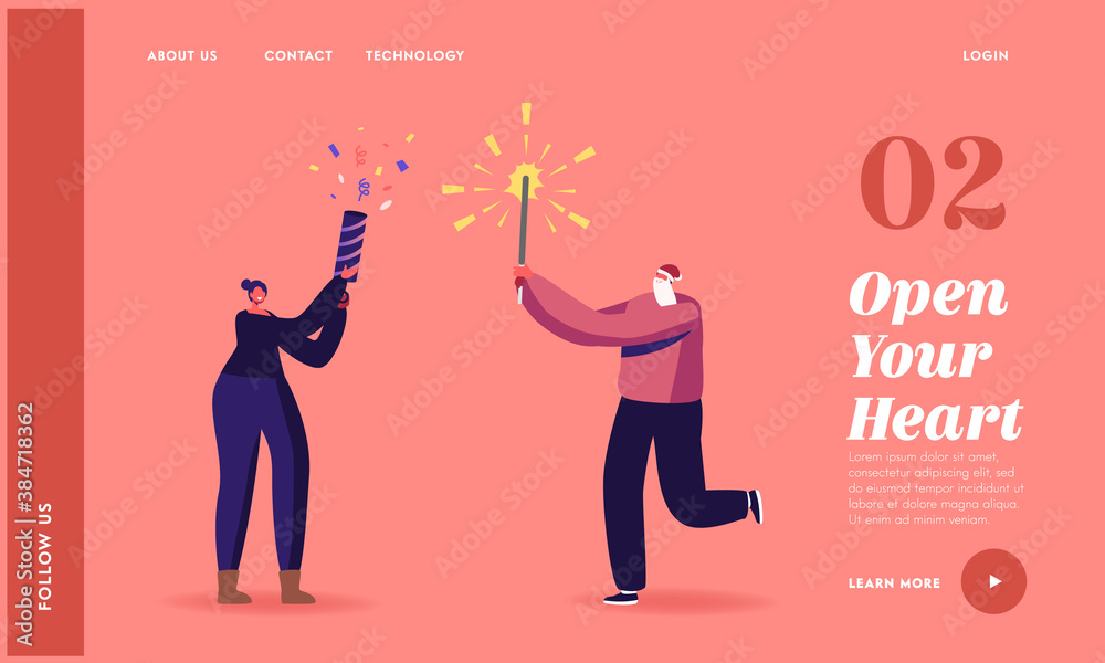 Young Man and Girl Holding Sparkler and Flapper Landing Page Template. Happy Couple Characters Enjoying Firework Young Man and Girl Holding Sparkler and Flapper Landing Page Template. Happy Couple Characters Enjoying Firework