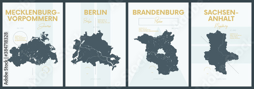Vector posters with highly detailed silhouettes maps states of Germany - Mecklenburg-Vorpommern, Berlin, Brandenburg, Sachsen-Anhalt - set 2 of 4