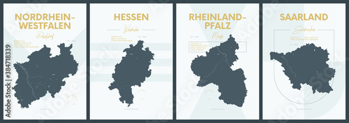 Vector posters with highly detailed silhouettes maps states of Germany - Nordrhein-Westfalen  Hessen  Rheinland-Pfalz  Saarland - set 3 of 4
