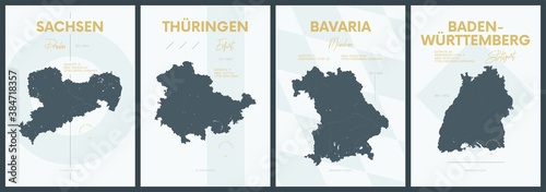 Vector posters with highly detailed silhouettes maps states of Germany - Sachsen, Thüringen, Bavaria, Baden-Württemberg - set 4 of 4