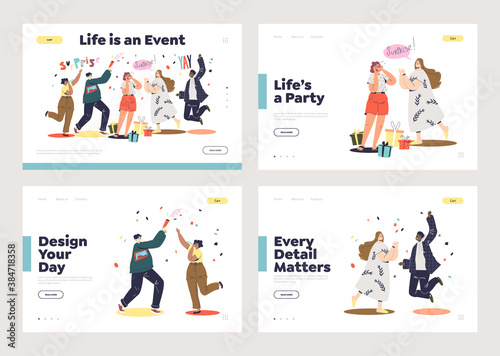 Holiday friends party and corporate celebration landing pages set with cartoons celebrating