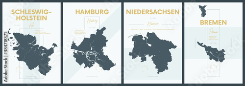 Vector posters with highly detailed silhouettes maps states of Germany - Schleswig-Holstein, Hamburg, Niedersachsen, Bremen - set 1 of 4 photo