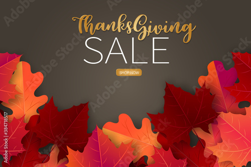 Happy Thanksgiving saleposter.  Background with red and orange maple fall leaves. American traditional november holiday. Banner for advertisement, promotion, invitation. Golden typography text.