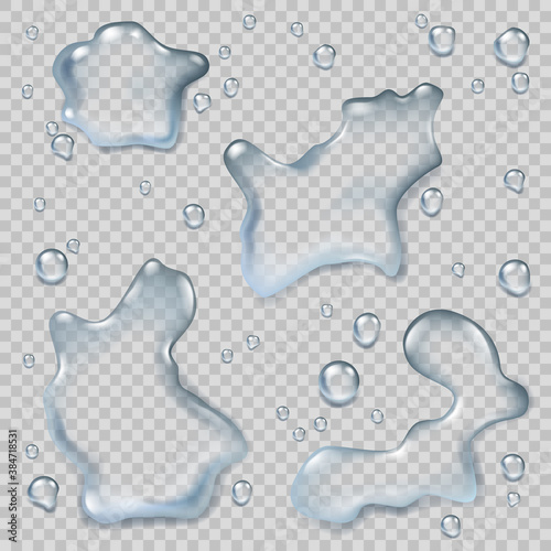 Puddles top view. Liquid environment water splash wet puddles realistic vector templates. Water drop puddle, illustration of surface liquid smooth