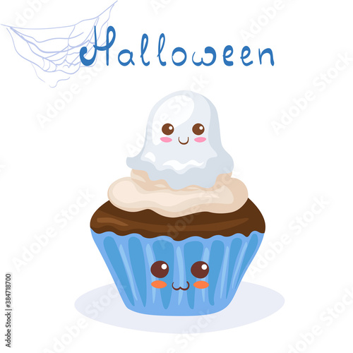 Kawaii vector illustration of smiling Halloween Cupcake with Candy Ghost isolated. Cute happy comic cartoon food characters with lettering on white background. All Saints Day print, party invitation.