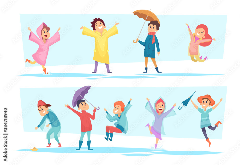Fototapeta premium Rain characters. Happy kids playing in autumn puddles raincoat wet weather liquid seasonal games vector people. Illustration happy character walking and jump in rain