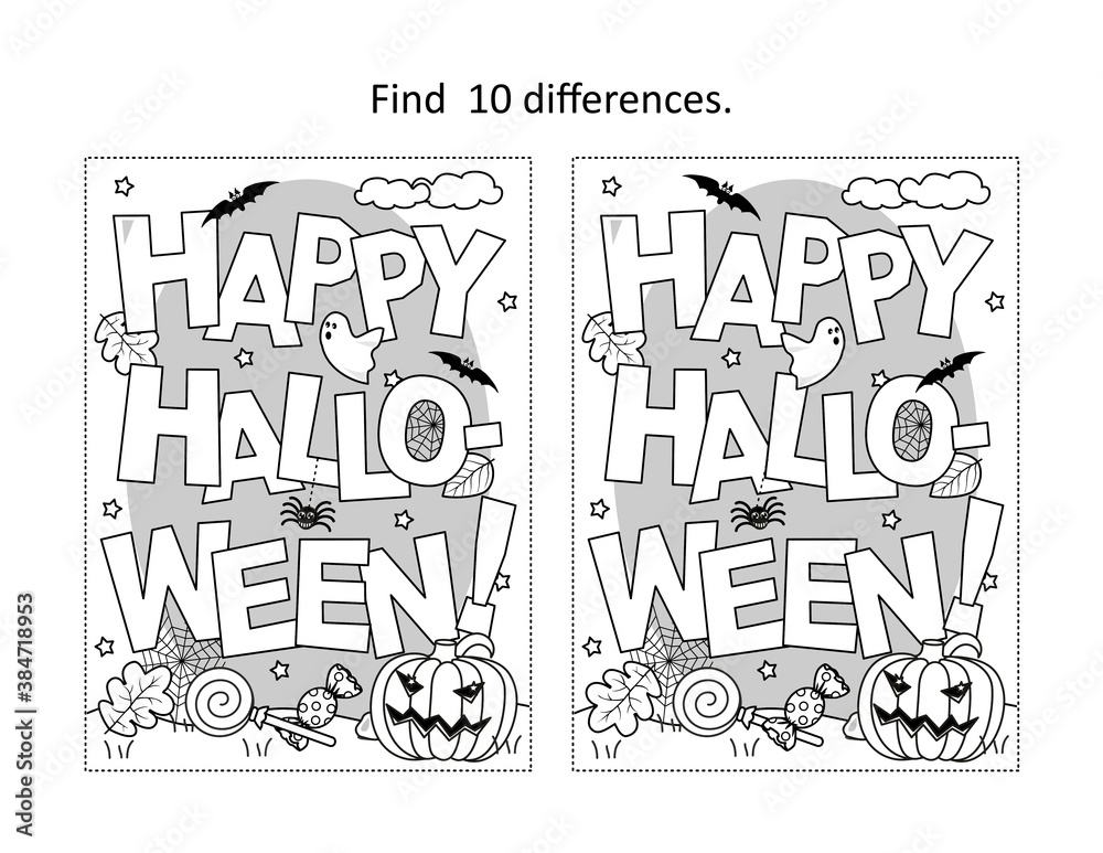 Find 10 differences visual puzzle and coloring page with 