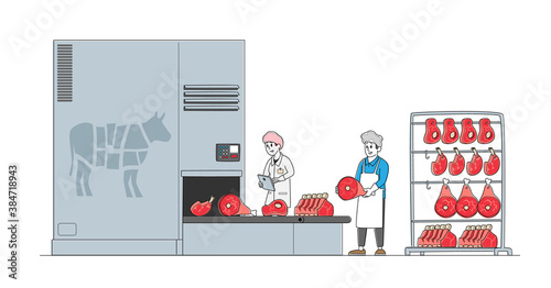 Meat Manufacture Concept. Workers Work on Meat Factory Processing Line Control Production Quality, Beef on Conveyor Belt