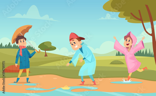 Kids in puddles. Seasonal background with happy peoples in raincoats and umbrellas raining environment cartoon vector illustration. Cartoon kids in raincoat with puddle water